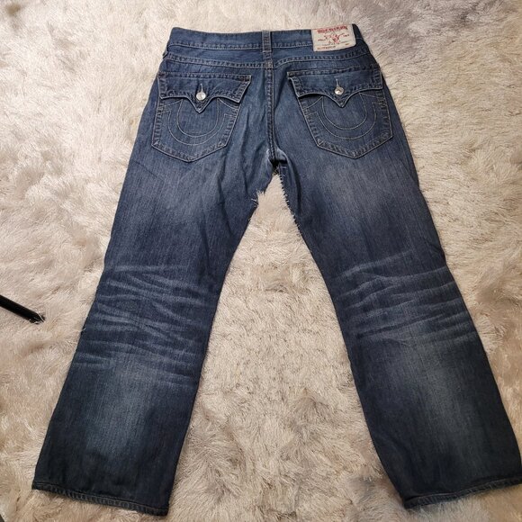 True Religion Mens Bootcut Jeans Sz 34 Whiskered Blue - Picture 4 of 12